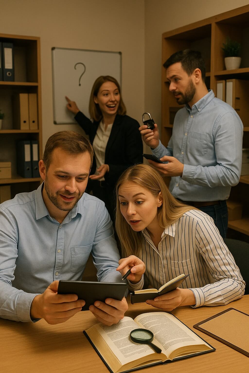 Tím kolegov hrá prenosnú escape room na kľúč v biznis centre